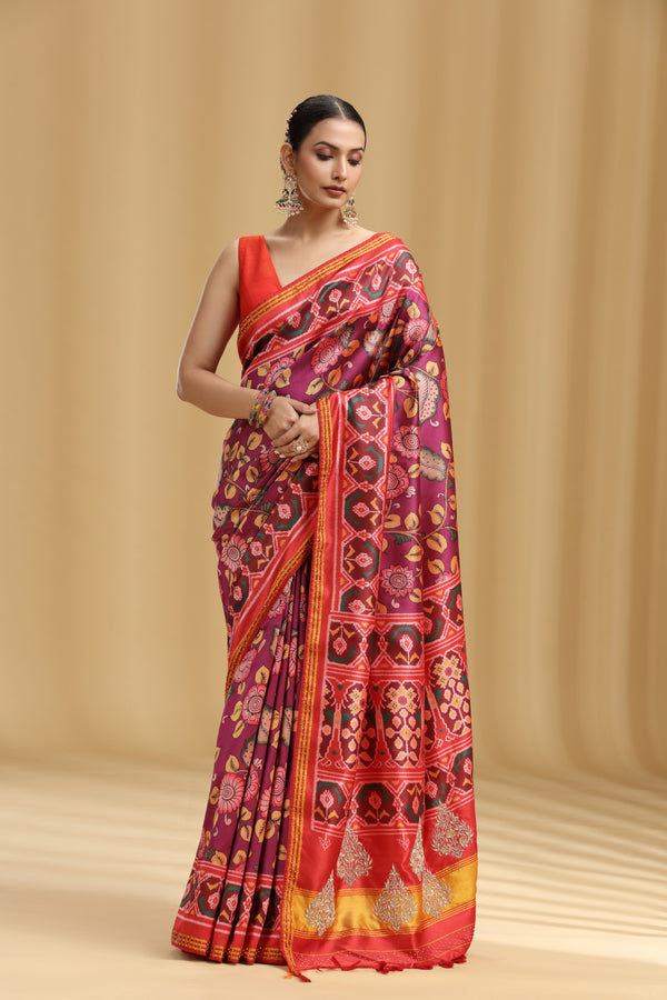 Purple Patola Silk Saree with Sequins & Stone Work (Unstitched)