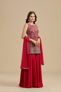 Red Crepe Suit Set with Sequins, Thread Work & Zari Embroidery