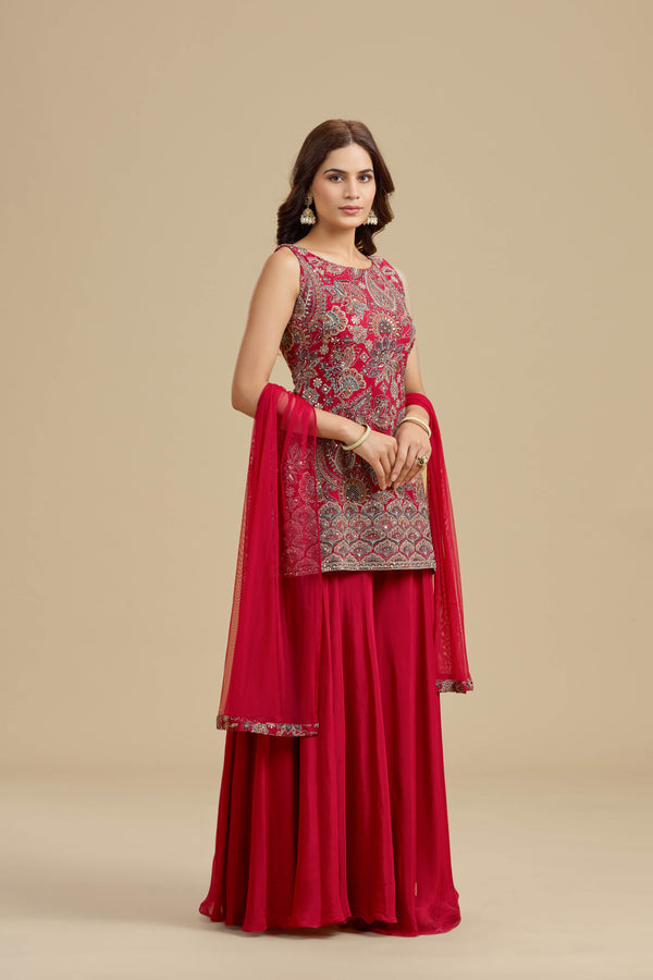 Red Crepe Suit Set with Sequins, Thread Work & Zari Embroidery