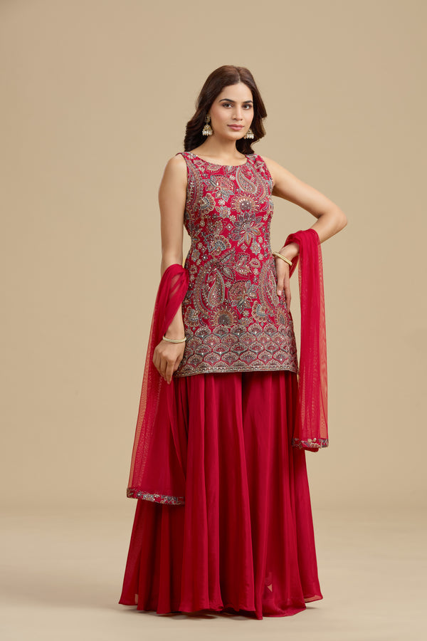 Red Crepe Suit Set with Sequins, Thread Work & Zari Embroidery