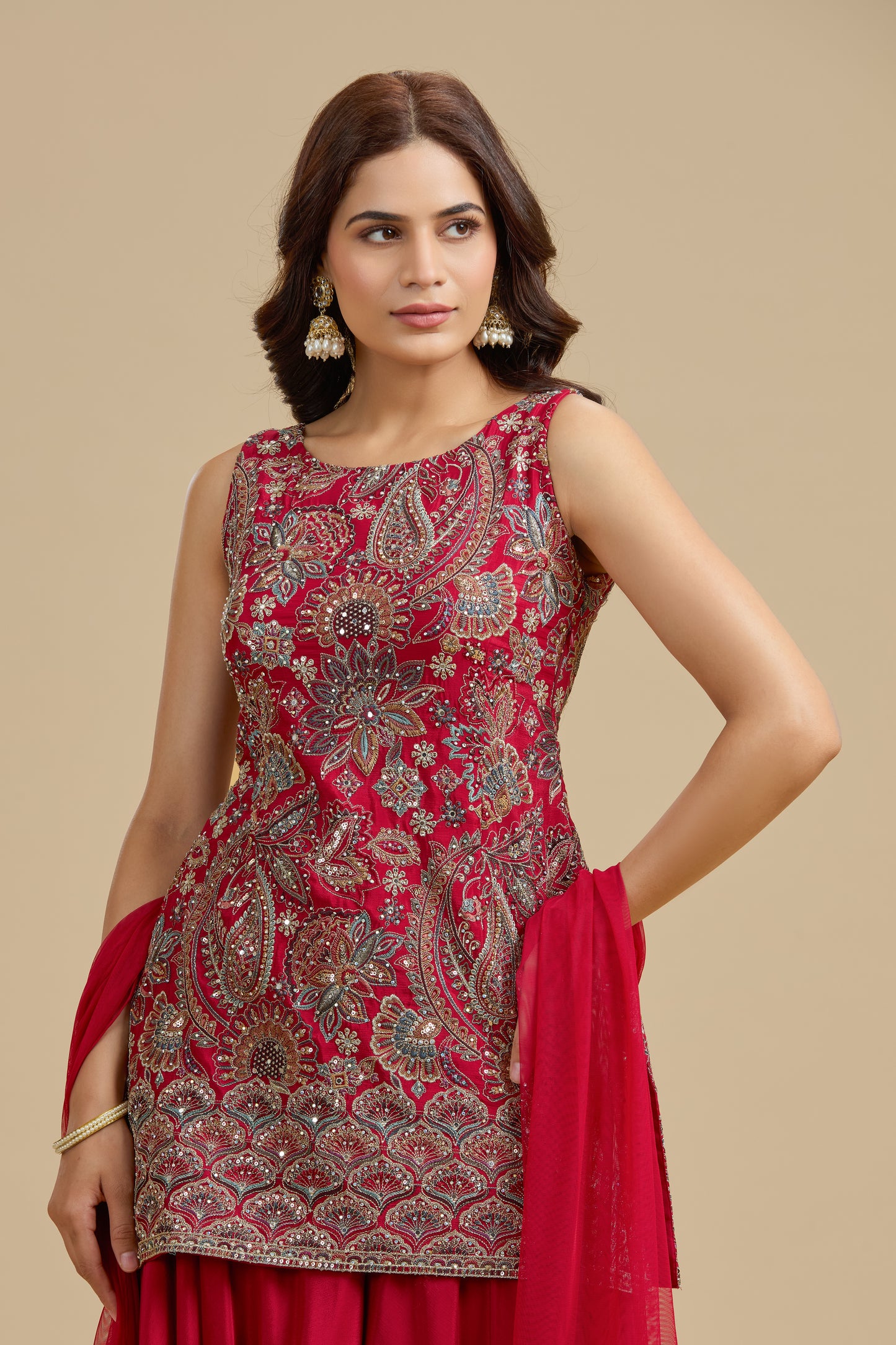 Red Crepe Suit Set with Sequins, Thread Work & Zari Embroidery