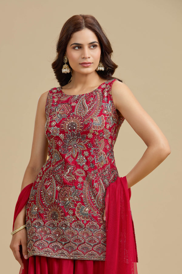 Red Crepe Suit Set with Sequins, Thread Work & Zari Embroidery