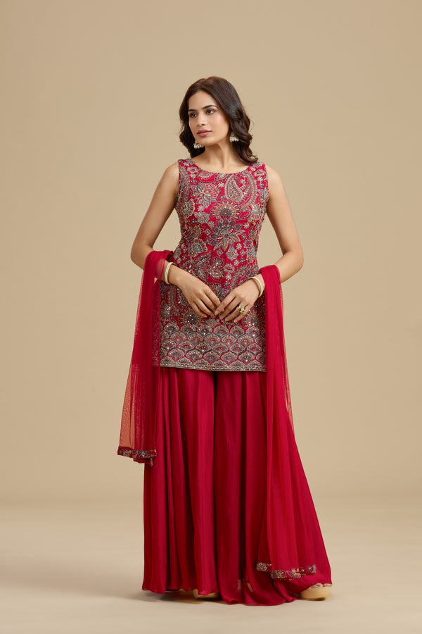 Red Crepe Suit Set with Sequins, Thread Work & Zari Embroidery