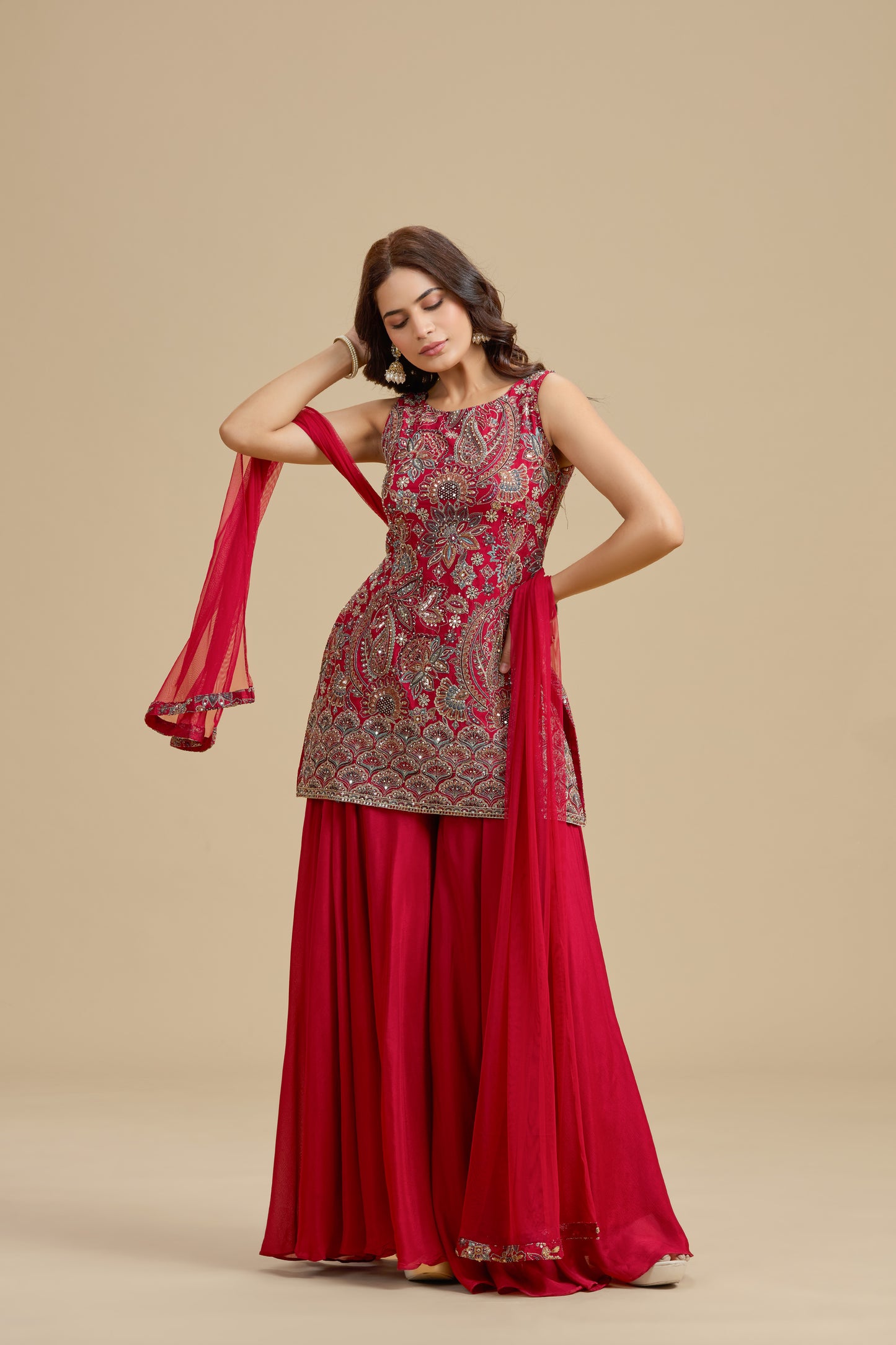 Red Crepe Suit Set with Sequins, Thread Work & Zari Embroidery