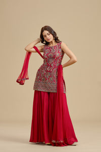 Red Crepe Suit Set with Sequins, Thread Work & Zari Embroidery