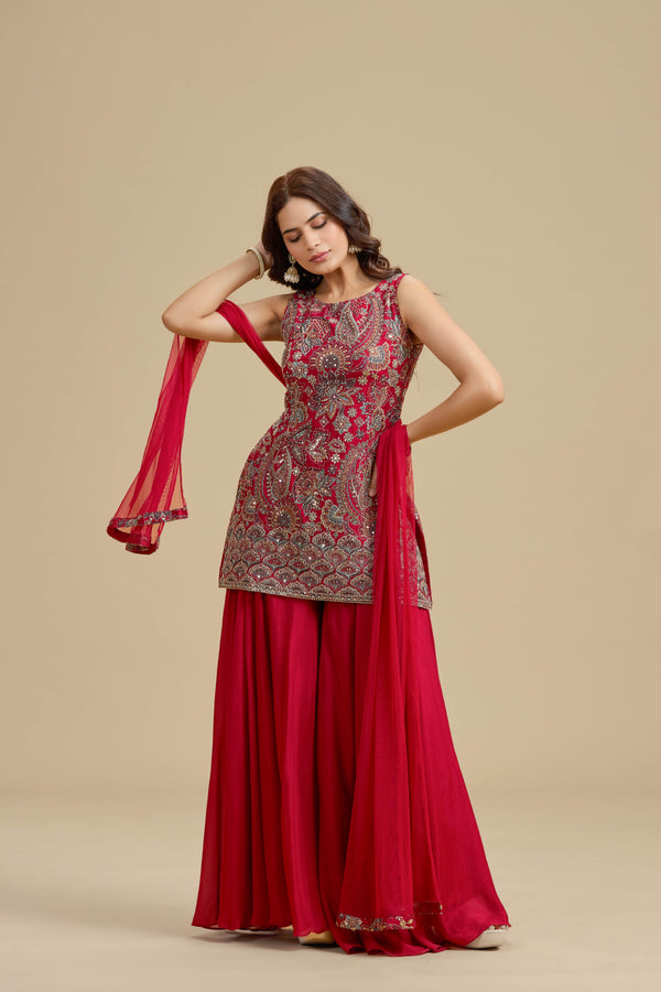 Red Crepe Suit Set with Sequins, Thread Work & Zari Embroidery