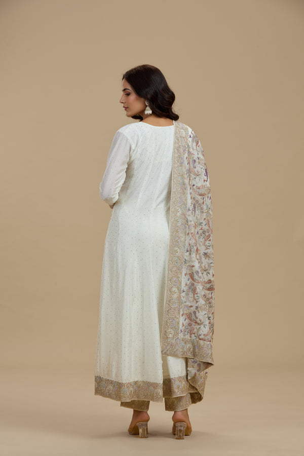 Ivory Dola Silk Suit Set with Thread Work, Swarovski & Zari Work