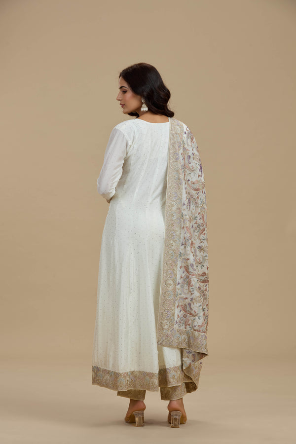 Ivory Dola Silk Suit Set with Thread Work, Swarovski & Zari Work
