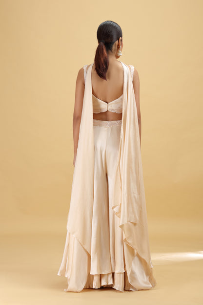 Beige Chinnon Suit Set with Kundan, Moti & Sequins Work