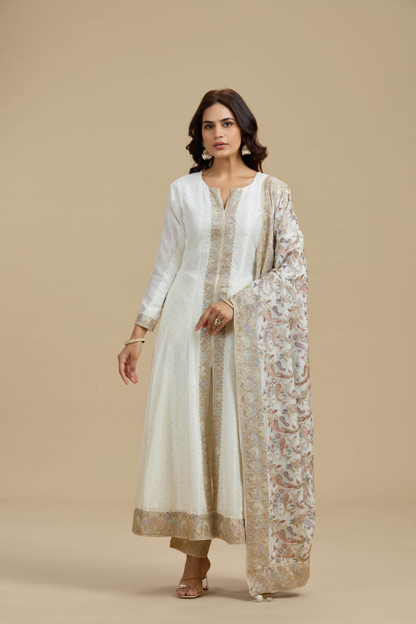 Ivory Dola Silk Suit Set with Thread Work, Swarovski & Zari Work