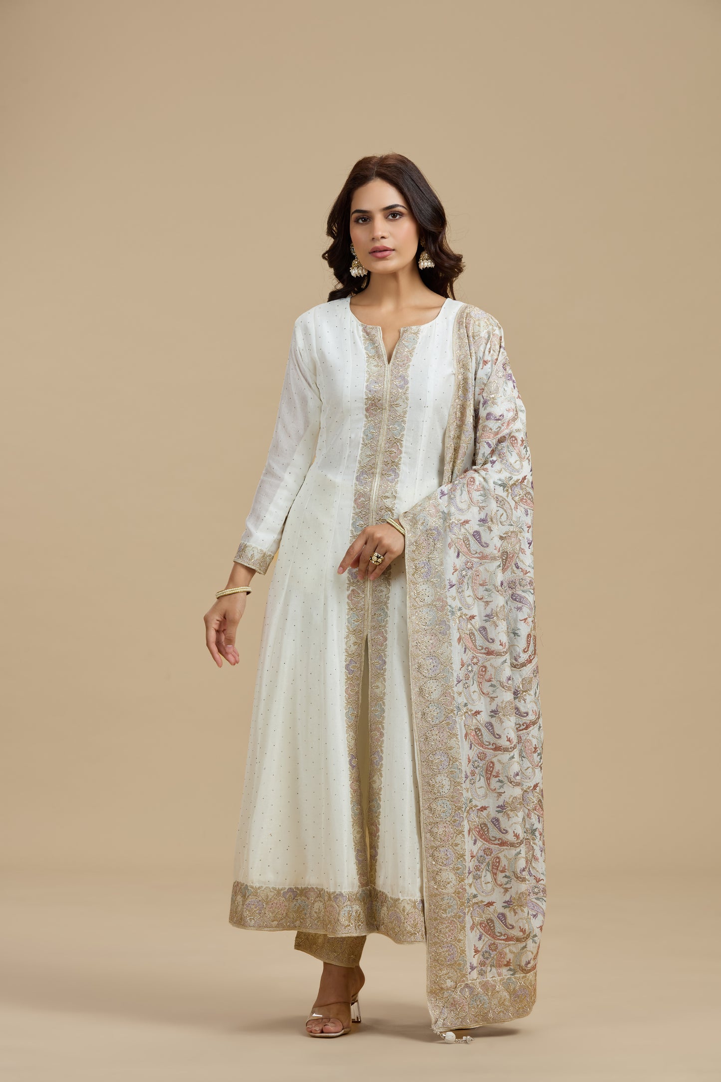 Ivory Dola Silk Suit Set with Thread Work, Swarovski & Zari Work
