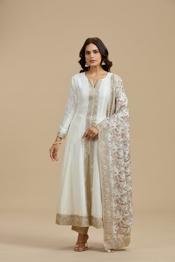 Ivory Dola Silk Suit Set with Thread Work, Swarovski & Zari Work