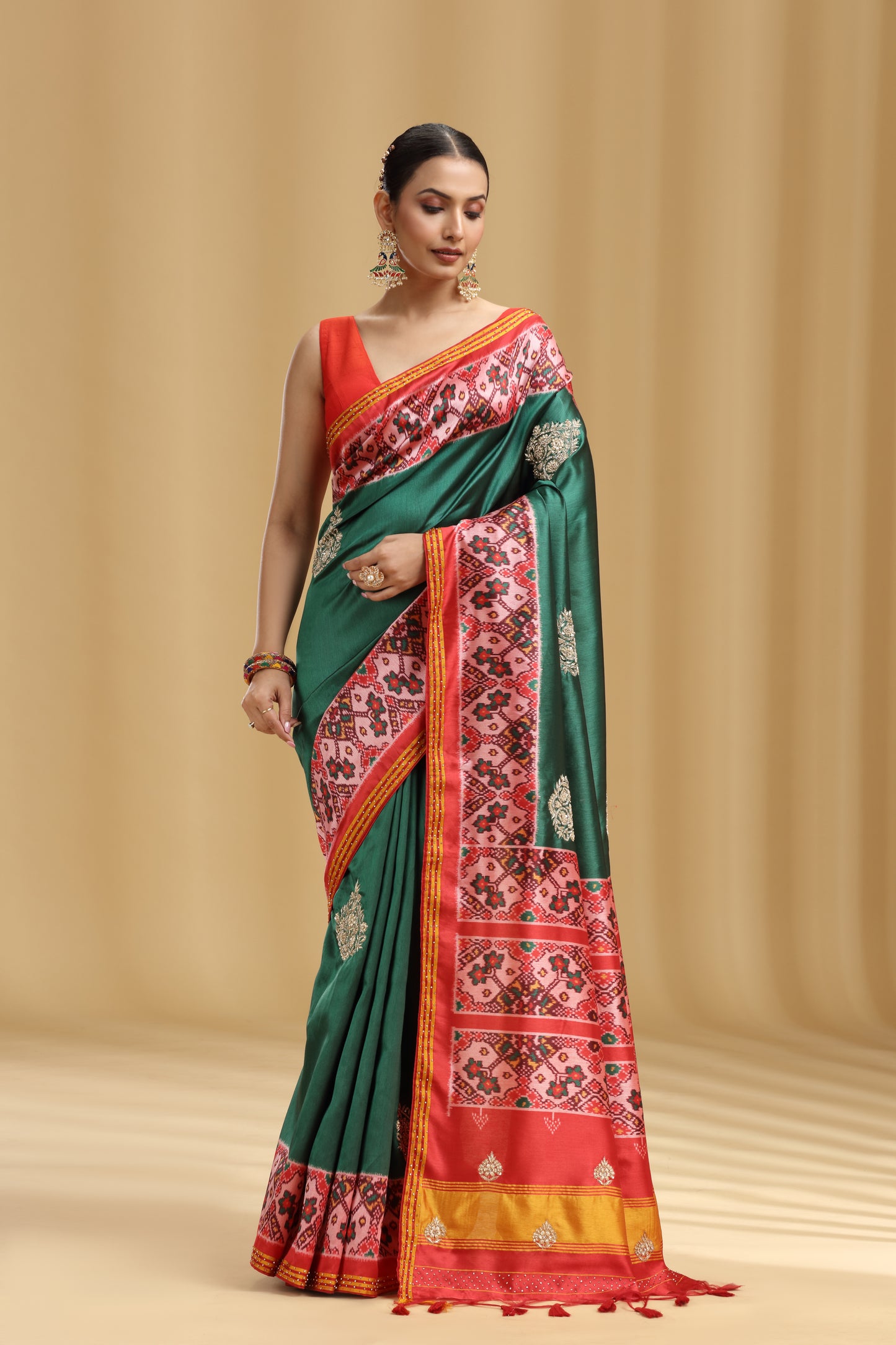 Green Patola Silk Saree with Sequins & Stone Work (Unstitched)