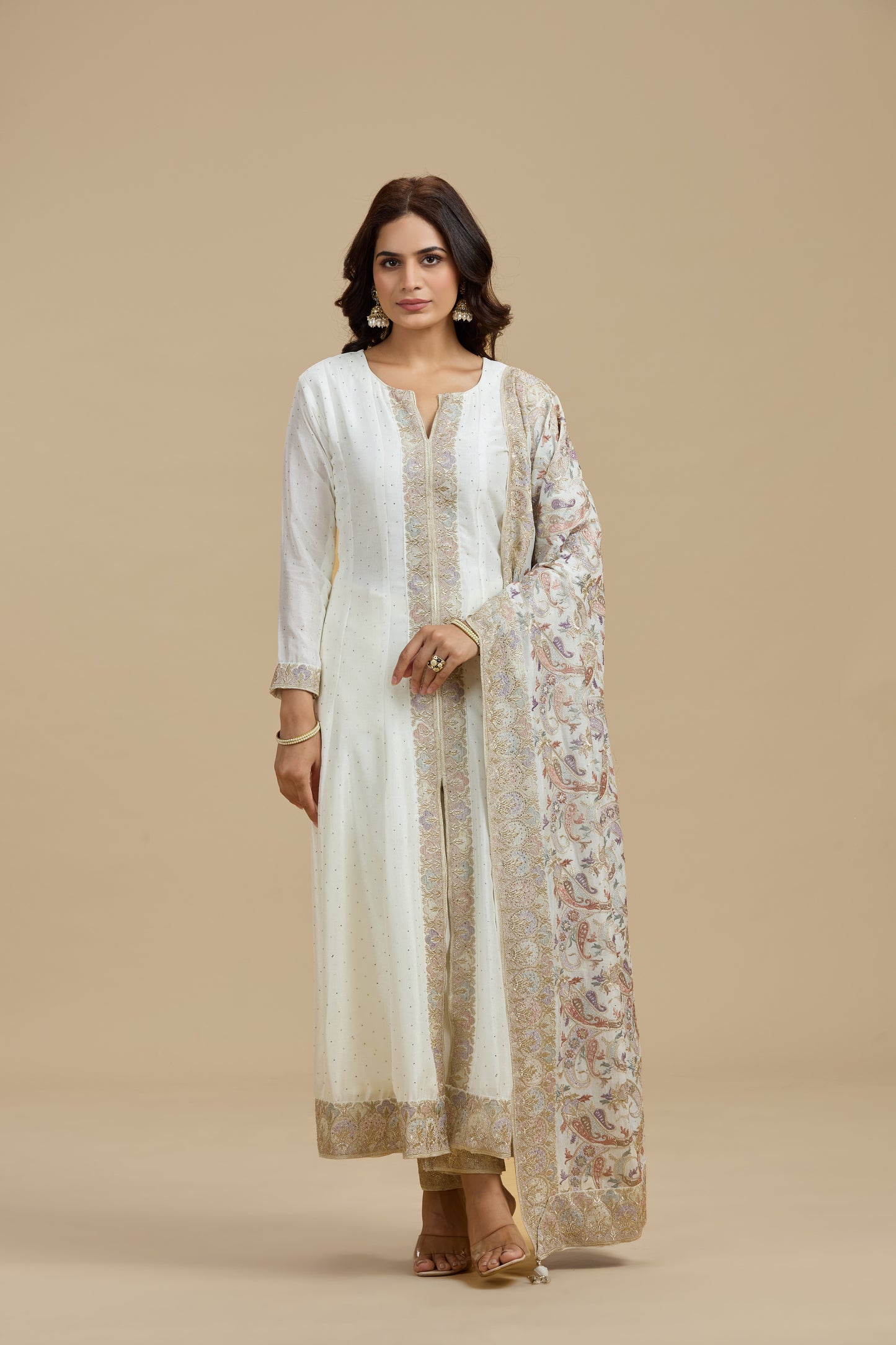 Ivory Dola Silk Suit Set with Thread Work, Swarovski & Zari Work