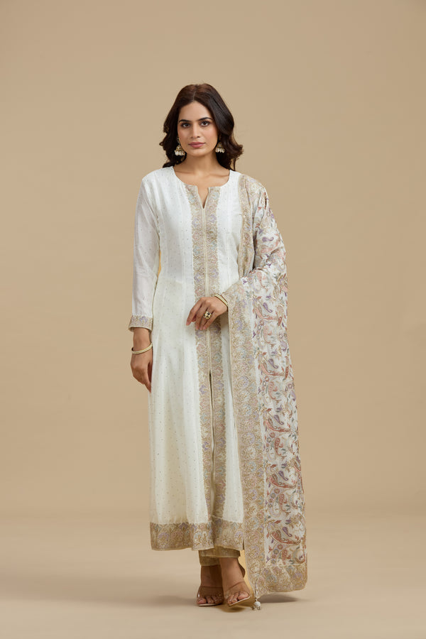 Ivory Dola Silk Suit Set with Thread Work, Swarovski & Zari Work