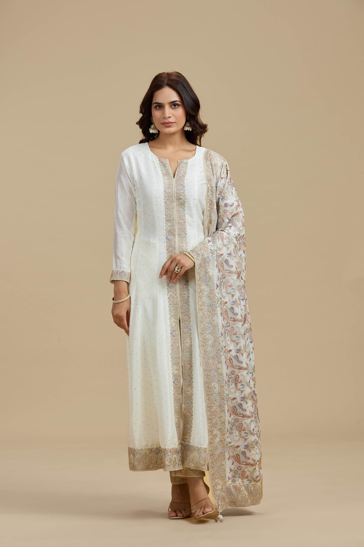 Ivory Dola Silk Suit Set with Thread Work, Swarovski & Zari Work