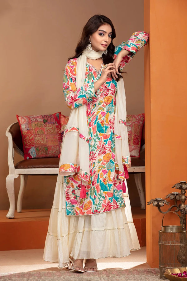 Multicolor Crepe Kurta with Sequin Accents and Printed White Dupatta