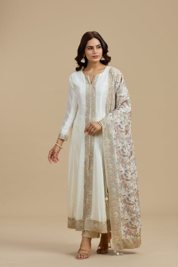 Ivory Dola Silk Suit Set with Thread Work, Swarovski & Zari Work