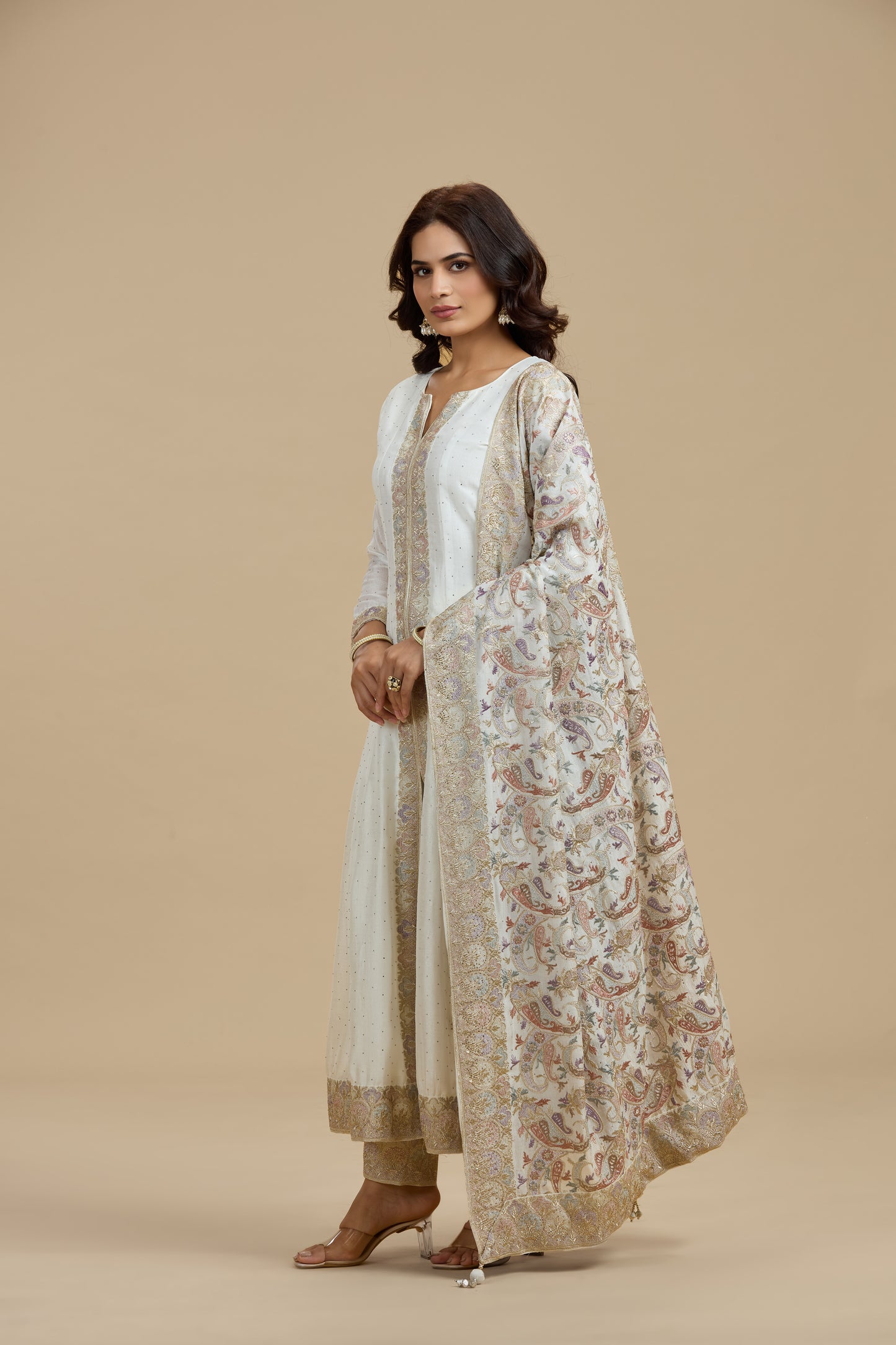 Ivory Dola Silk Suit Set with Thread Work, Swarovski & Zari Work