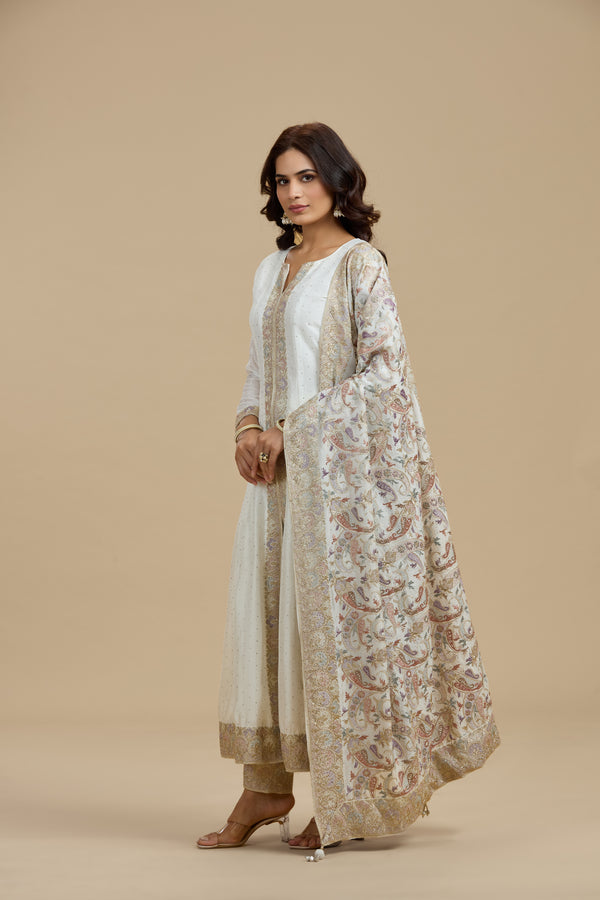 Ivory Dola Silk Suit Set with Thread Work, Swarovski & Zari Work