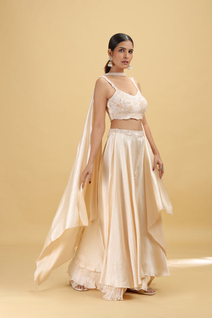 Beige Chinnon Suit Set with Kundan, Moti & Sequins Work