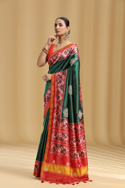 Green Patola Silk Saree with Sequins & Stone Work (Unstitched)