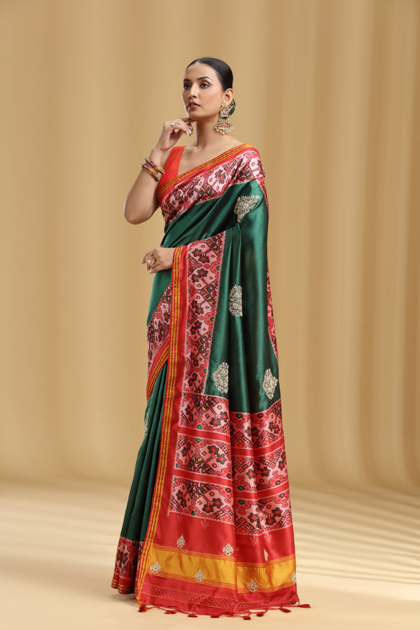 Green Patola Silk Saree with Sequins & Stone Work (Unstitched)