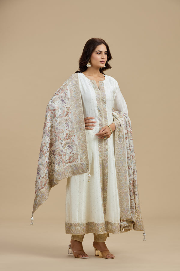 Ivory Dola Silk Suit Set with Thread Work, Swarovski & Zari Work