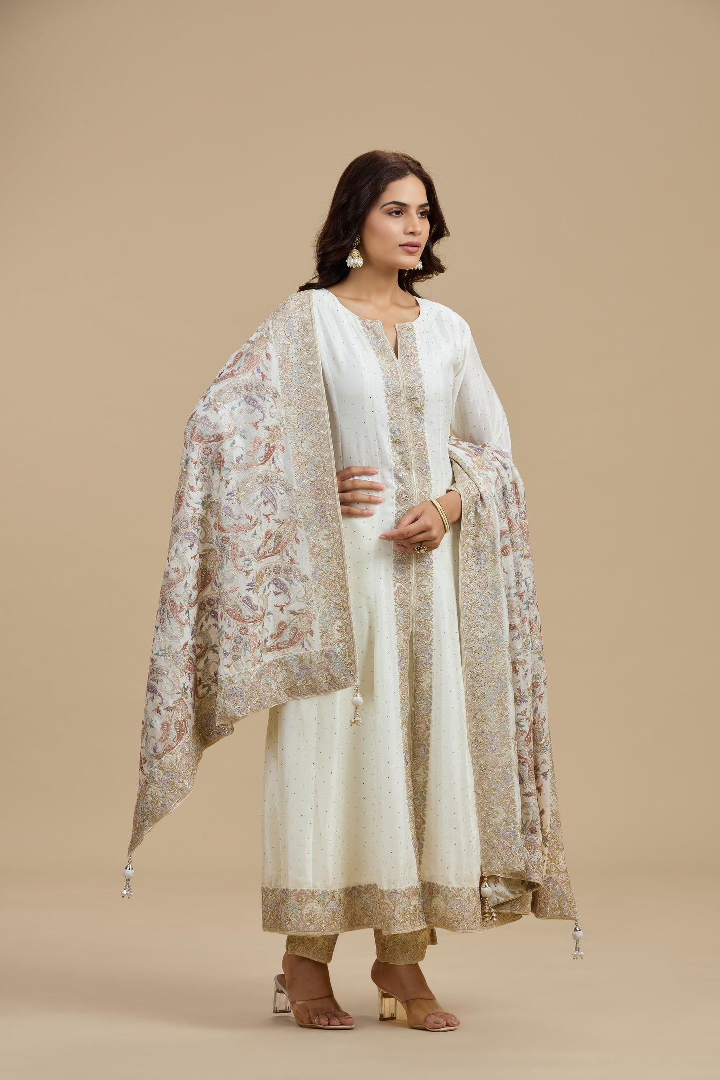 Ivory Dola Silk Suit Set with Thread Work, Swarovski & Zari Work