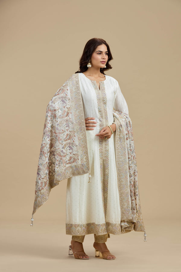 Ivory Dola Silk Suit Set with Thread Work, Swarovski & Zari Work
