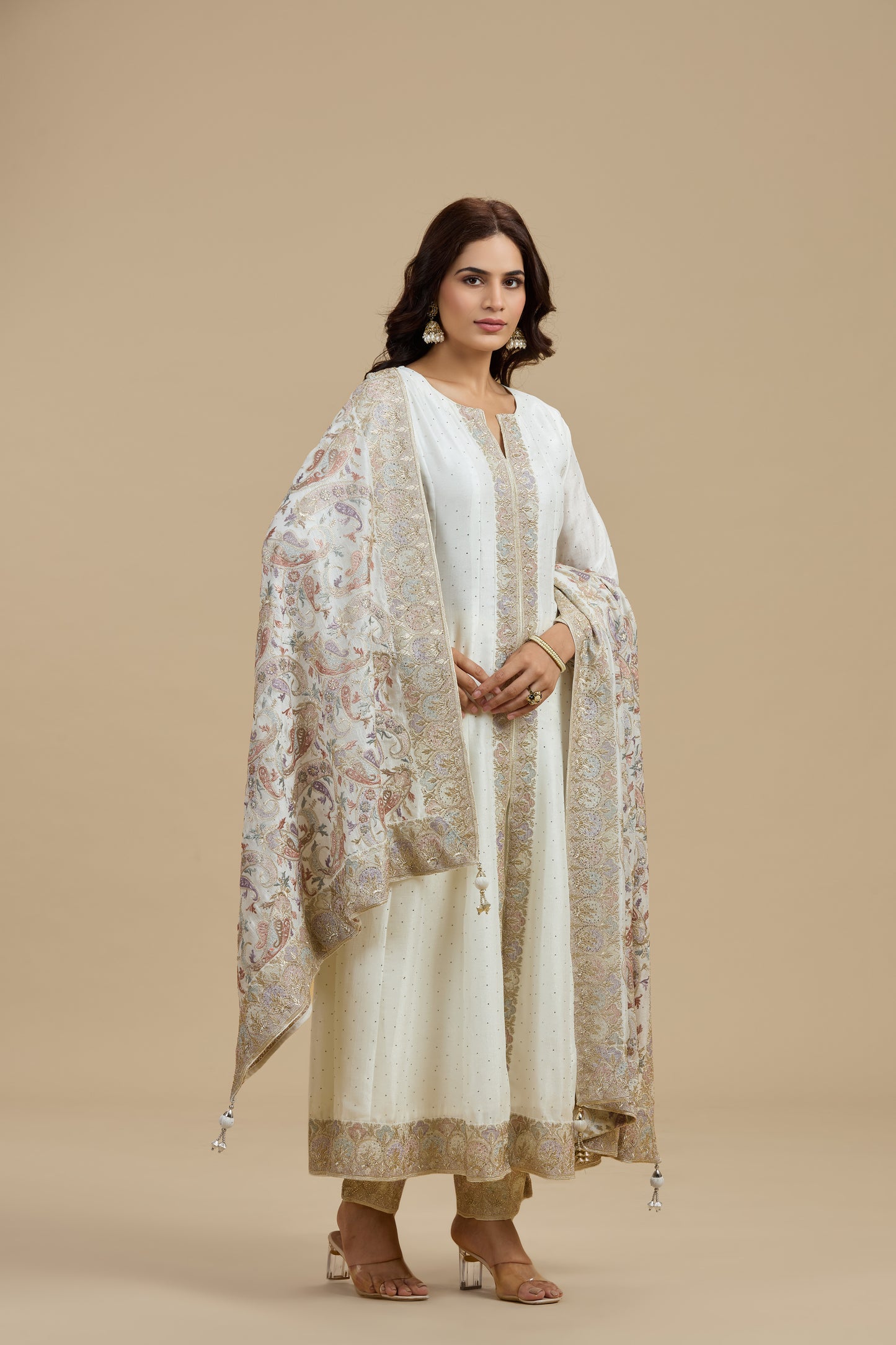 Ivory Dola Silk Suit Set with Thread Work, Swarovski & Zari Work