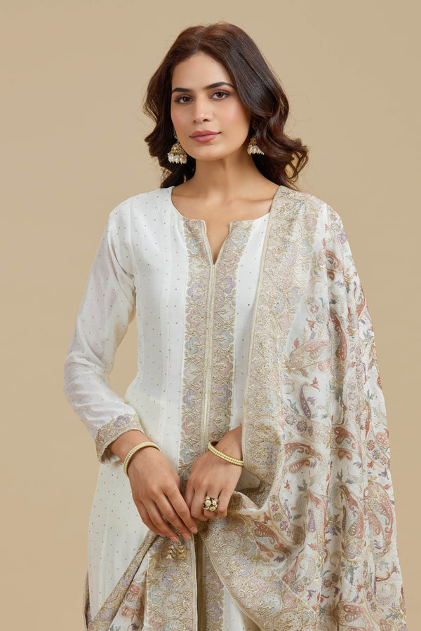 Ivory Dola Silk Suit Set with Thread Work, Swarovski & Zari Work