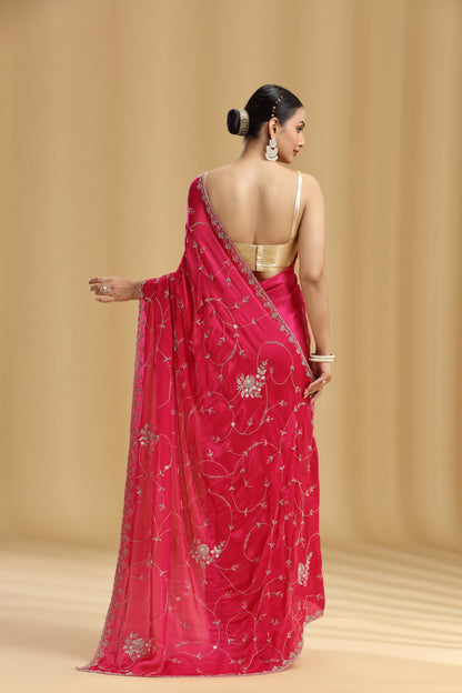 Pink Crepe Saree with Moti, Cutdana & Stone Work (Unstitched)