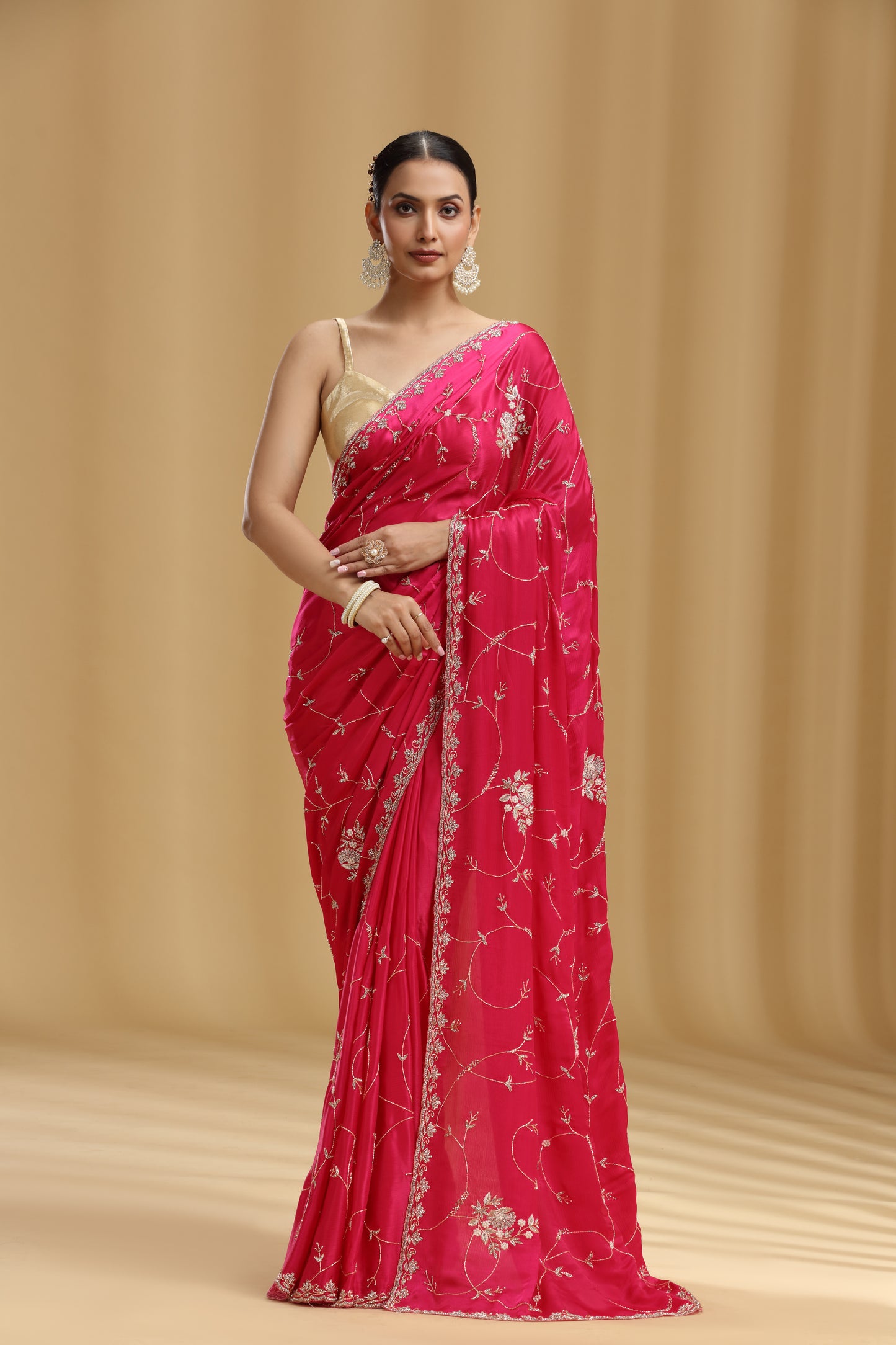 Pink Crepe Saree with Moti, Cutdana & Stone Work (Unstitched)