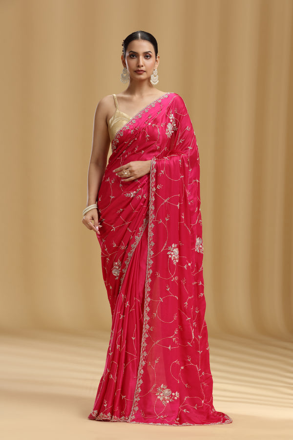 Pink Crepe Saree with Moti, Cutdana & Stone Work (Unstitched)