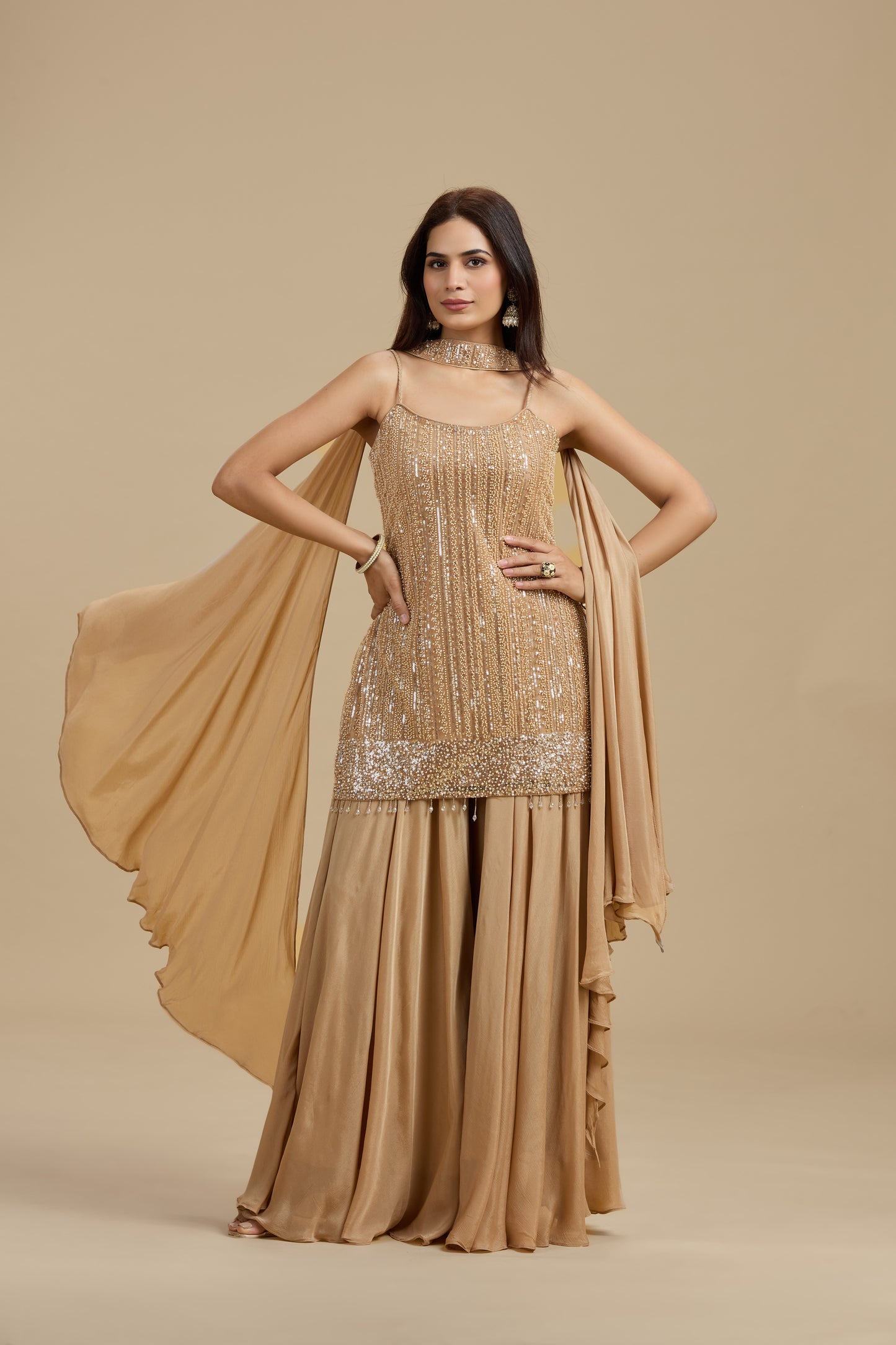 Gold Net Suit Set with Sequins & Cutdana Work