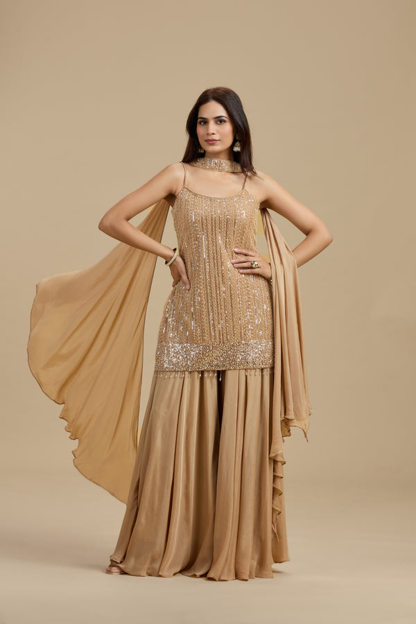 Gold Net Suit Set with Sequins & Cutdana Work