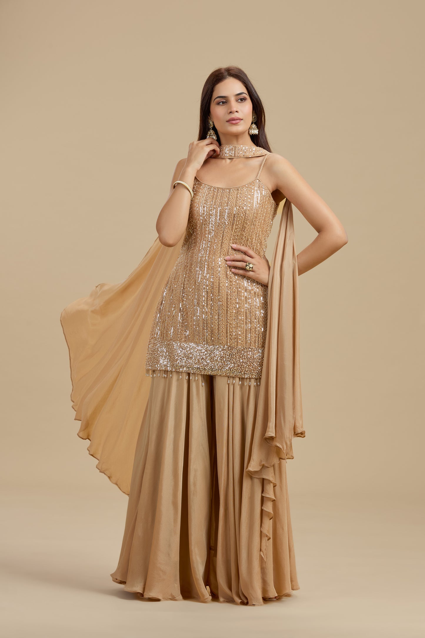 Gold Net Suit Set with Sequins & Cutdana Work