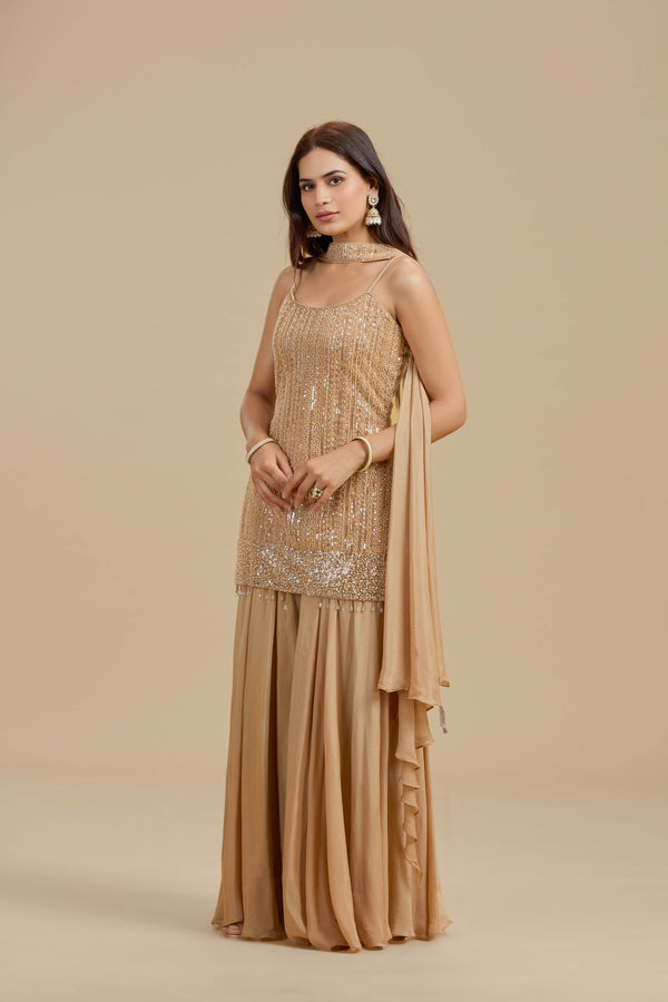 Gold Net Suit Set with Sequins & Cutdana Work