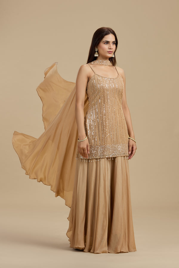 Gold Net Suit Set with Sequins & Cutdana Work