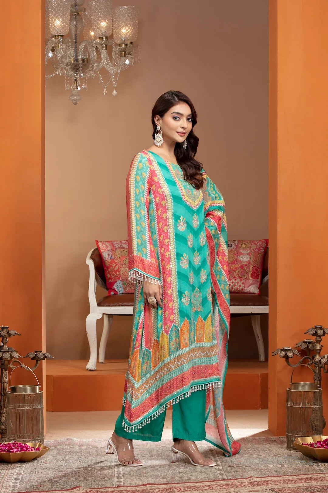 Green Chinnon Kurta Set with Sequin and Stone Embellishments