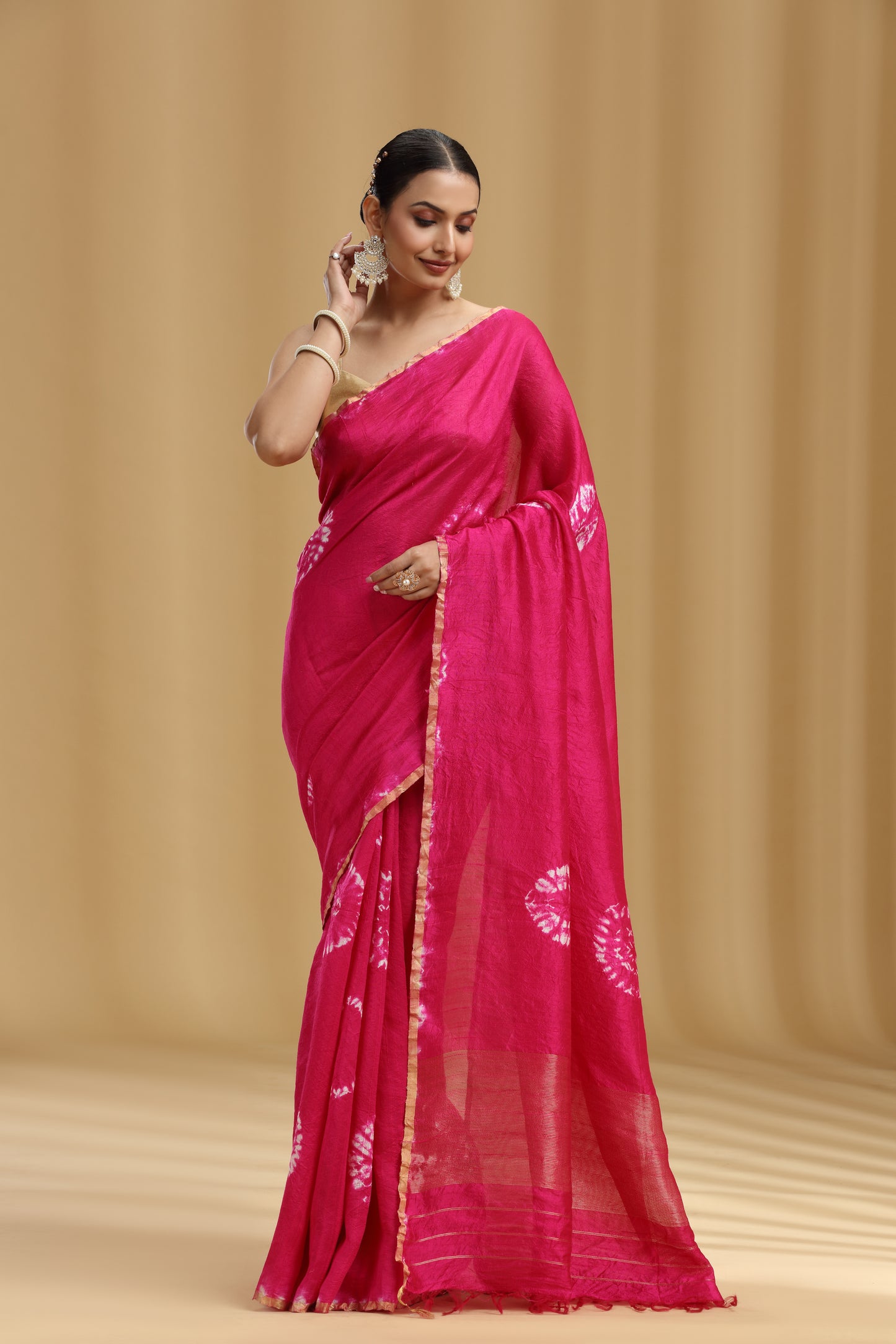 Rani Pink Raw Silk Saree with Batik Print and Unstitched Blouse