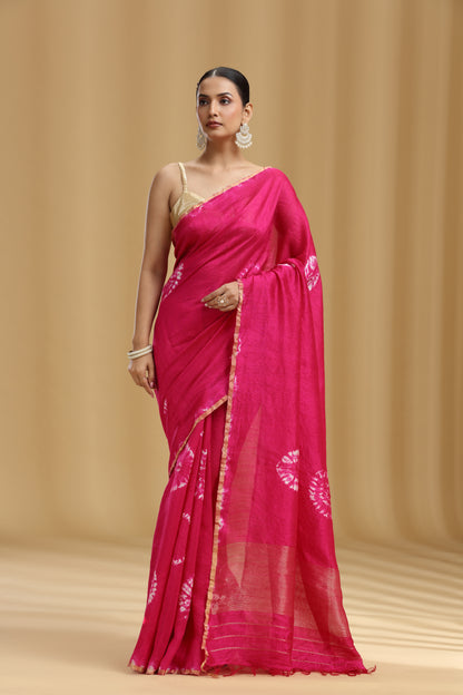 Rani Pink Raw Silk Saree with Batik Print and Unstitched Blouse