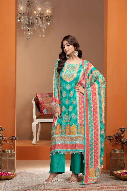 Green Chinnon Kurta Set with Sequin and Stone Embellishments