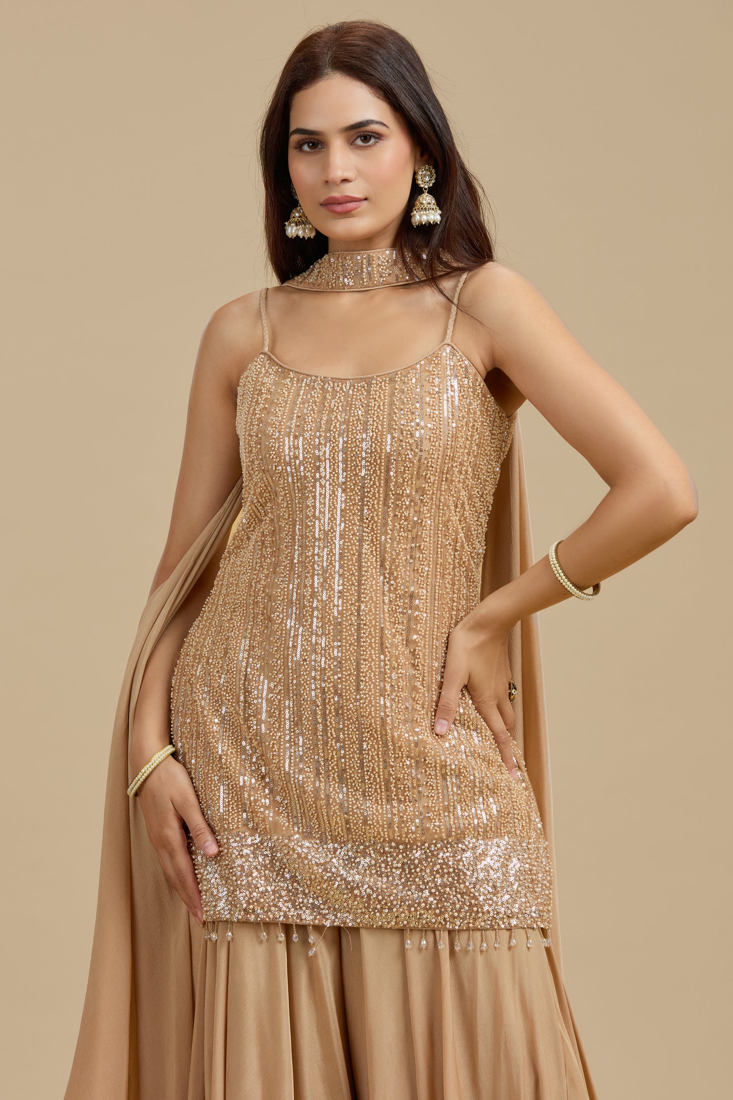 Gold Net Suit Set with Sequins & Cutdana Work