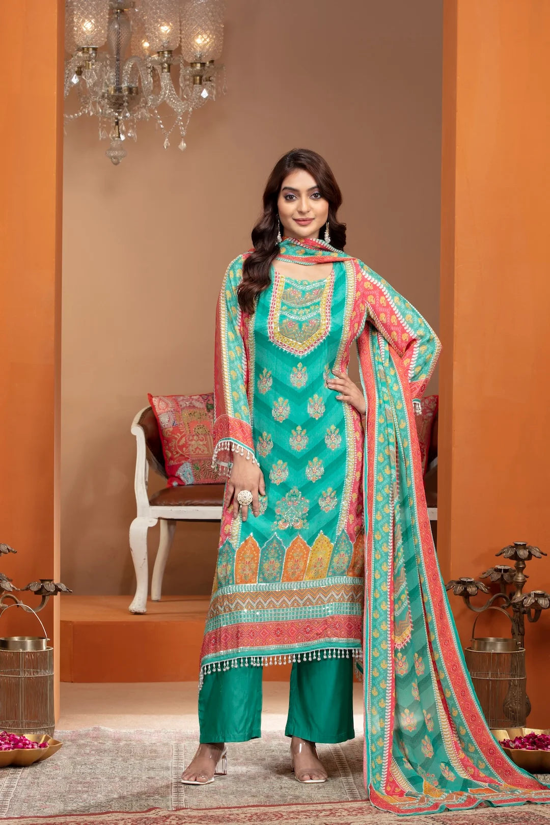 Green Chinnon Kurta Set with Sequin and Stone Embellishments
