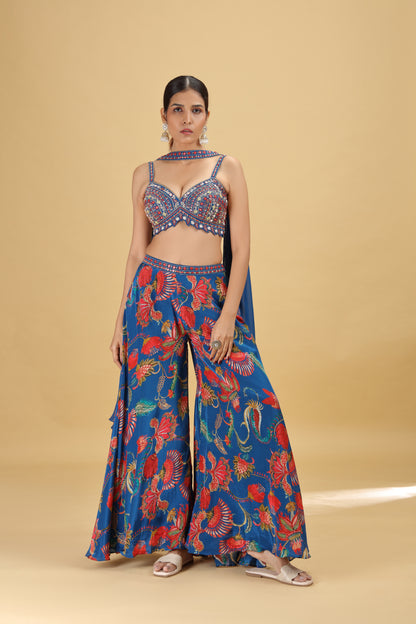 Blue Raw Silk Suit Set with Mirror, Sequins & Pearl Work