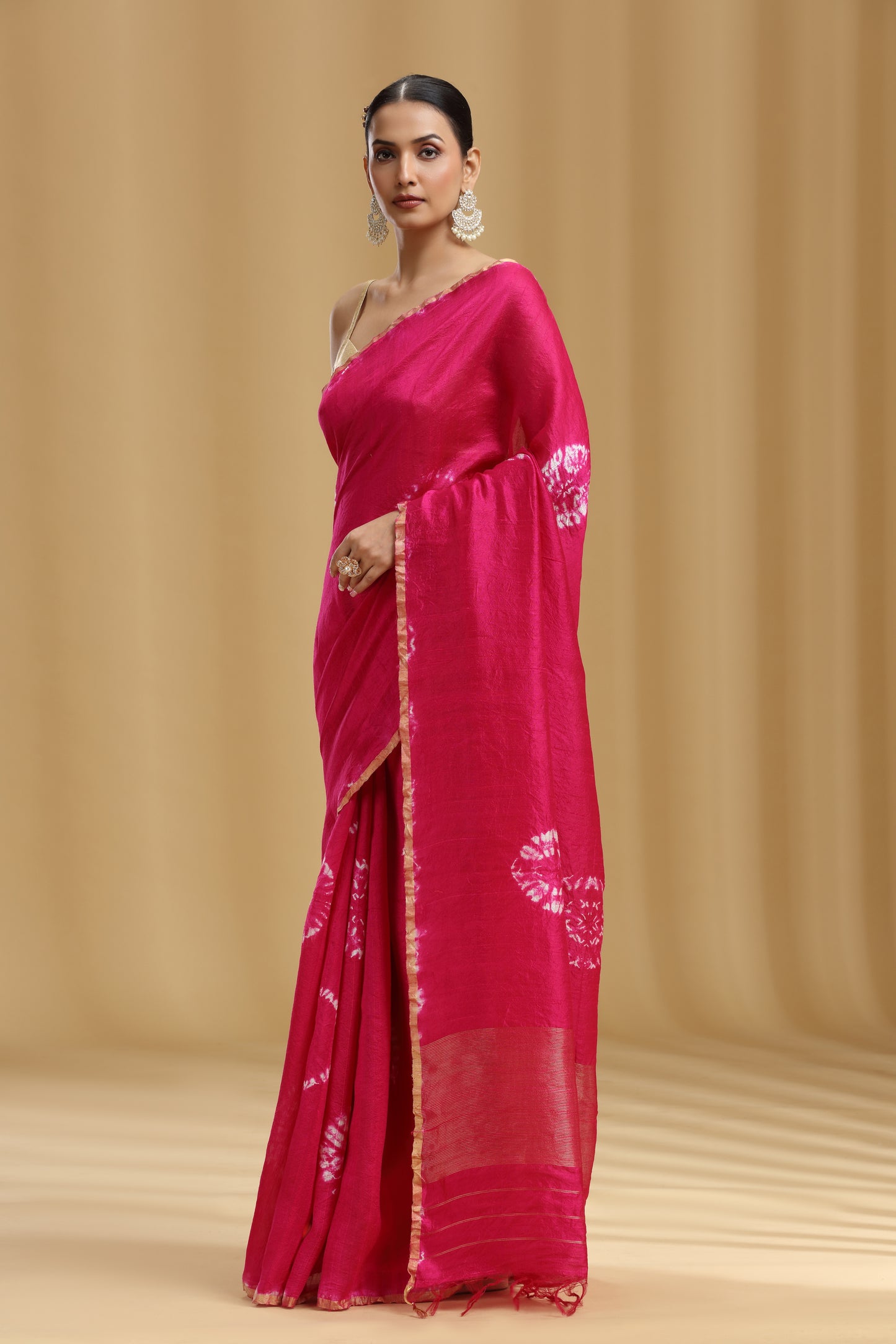 Rani Pink Raw Silk Saree with Batik Print and Unstitched Blouse