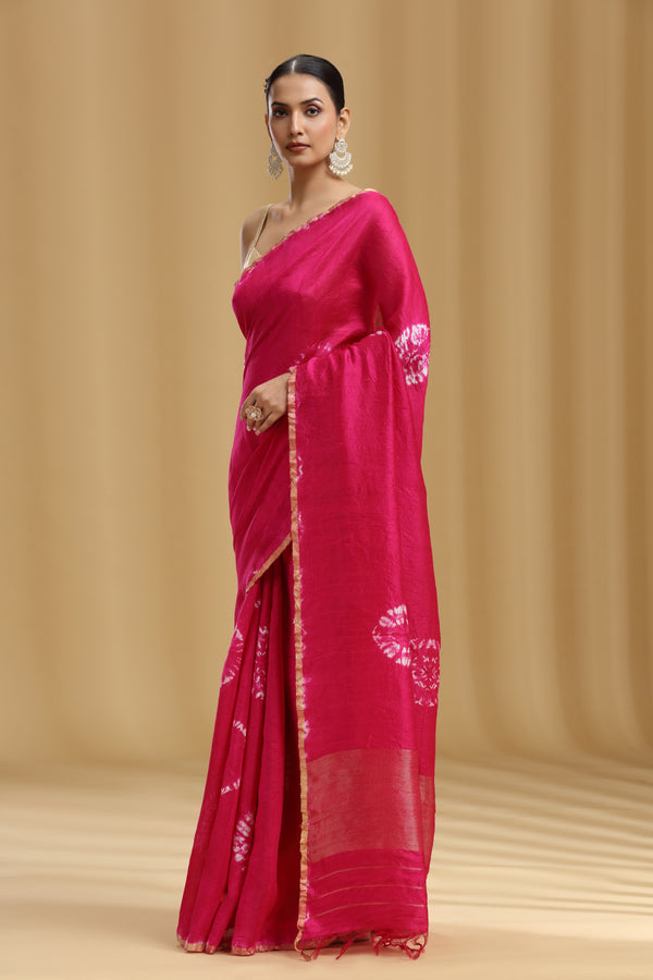 Rani Pink Raw Silk Saree with Batik Print and Unstitched Blouse