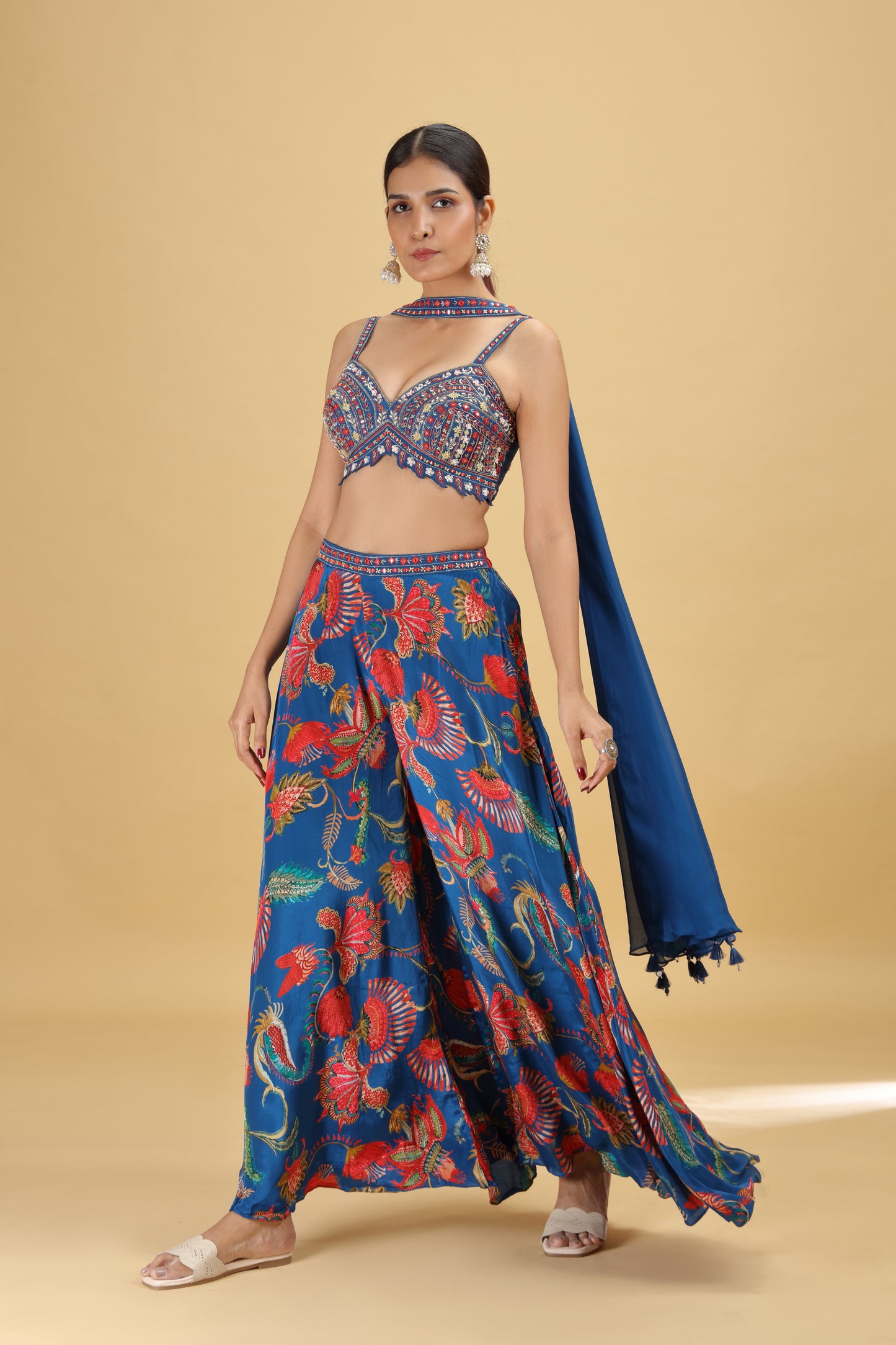 Blue Raw Silk Suit Set with Mirror, Sequins & Pearl Work